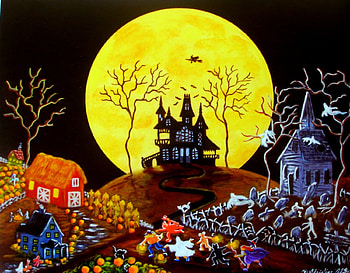 Scary Night, artwork, halloween, moon, house, pumpkin HD wallpaper