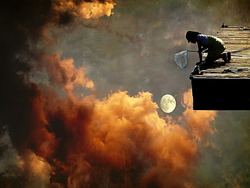 Catch the Moon, moon, fantasy, fishing, clouds, butterflynet HD wallpaper