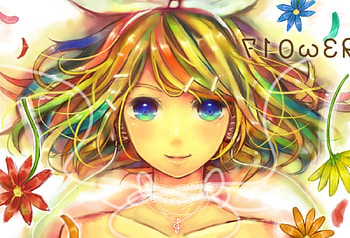 Rin's Flowers, colorful, rin kagamine, anime, pretty, petals, flowers, vocaloid HD wallpaper