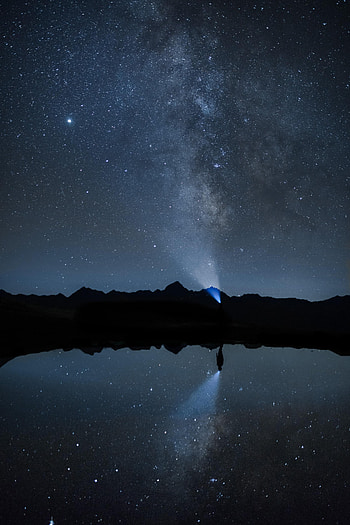 Night, Dark, Silhouette, Starry Sky, Darkness, Ray, Flashlight HD phone wallpaper