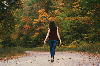 A young woman walks down a colorful autumn forest path, surrounded by vibrant leaves. HD wallpaper