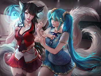 Ahri and Sona, blue, frumusete, sakimichan, sona, ahri, fox, fantasy, red, couple, lol, nine tails HD wallpaper