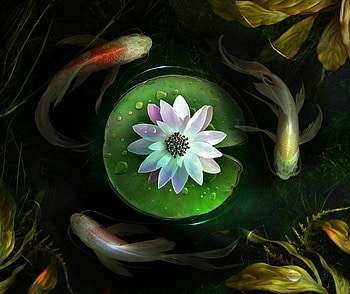 Circles, elenadudina, koi, lake, summer, flower, green, fish, luminos, water, lotus HD wallpaper