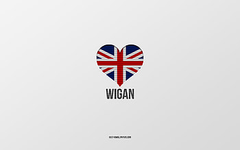 I Love Wigan, British cities, Day of Wigan, gray background, United Kingdom, Wigan, British flag heart, favorite cities, Love Wigan HD wallpaper