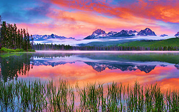 Little Redfish Lake, Sawtooth Mountains, Idaho, reflection, trees, colors, sky, forest, water, sunset, usa HD wallpaper