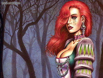 The Forest Joe Linsner, sexy, hot, girl, digital art, red hair, woman, lady, fantasy, cg, red, face, redhead, eye, forest, female HD wallpaper