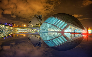 city of arts and sciences valencia by night r, night, architecture, city, clouds, pool, r, modern HD wallpaper