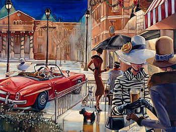 by Trish Biddle, artwork, city, cars, paintings, people HD wallpaper