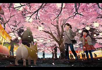 On the festival, dog, animal, festival, cute, brown, petals, original, skirt, eyes, tail, food, tree, anime, cool, shimetta oshime, girls, hair, cherry blossoms HD wallpaper