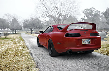 toyota supra red toyota supra red back of tree HD wallpaper