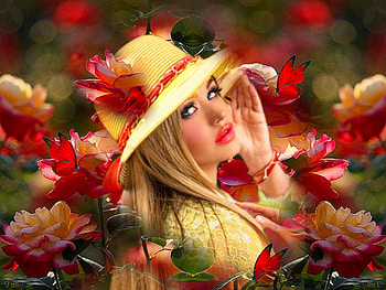 Bright Summer, hat, colorful, vibrant, bird, girl, dress, butterflies, vivid, red, yellow, bright, bold, flowers, lovely HD wallpaper