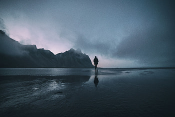 Mountains, Shore, Bank, Dark, Ocean, Stroll, Human, Person, Loneliness HD wallpaper