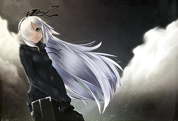 Ayaki, night, white hair, snow, ribbons, long hair, green eyes HD wallpaper