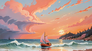 Sunset Drawing, sunset, wave, sea, ocean, boat, Ocean Waves HD wallpaper