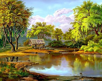 Landscape, river, tree, house HD wallpaper