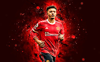 Jadon Sancho, match, Manchester United FC, red neon lights, english footballers, Premier League, Jadon Malik Sancho, Jadon Sancho , football, soccer, Man United, Jadon Sancho Manchester United HD wallpaper
