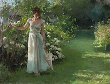 Summer garden, vicente romero redondo, painting, green, pictura, garden, girl, vara, art, parasol, summer HD wallpaper