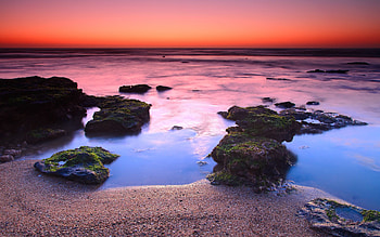 Nature, Sunset, Stones, Sand, Horizon, Shore, Bank, Moss, Grains, Line, Reefs, Steam HD wallpaper
