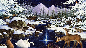 under the starry night, river, snow, swan, dear, fox HD wallpaper