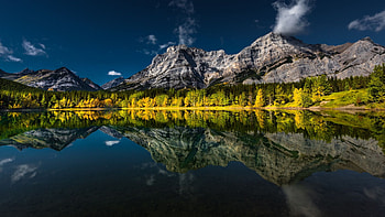 Wedge Pond, Canadian Rockies, Alberta, trees, colors, autumn, canada, water, mountains, evening, reflections HD wallpaper