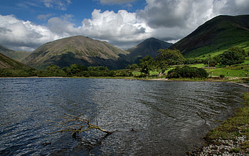 Nature, Sky, Mountains, Clouds, Lake, Branch, Greens HD wallpaper