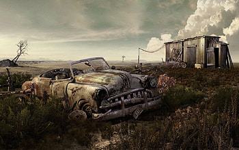 rotten car, rotten, grass, shed, car HD wallpaper