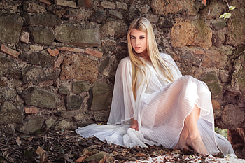 Blonde posing, lingerie, model, rocks, blonde HD wallpaper
