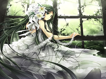 Escape From the Garden, white, escape, alone, ribbon, garden, cute, long hair, dress, beauty, anime girl, sad, kawaii, anime, green, flowers HD wallpaper