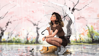 Dog And Umbrella, anime-girl, anime, dog, umbrella, rain, artist, artwork, digital-art HD wallpaper
