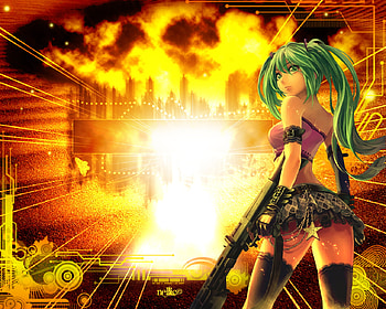 Explosion, sexy, hatsune miku, hot, cute, girl, long hair, dress, anime girl, miku, anime, fantasy, abstract, voccaloid, weapon, gun, female HD wallpaper