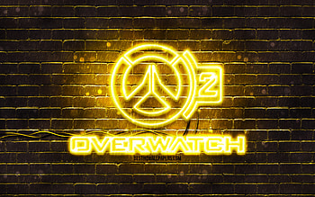 Overwatch 2 yellow logo, , yellow brickwall, Overwatch 2 logo, games brands, Overwatch 2 neon logo, Overwatch 2 HD wallpaper