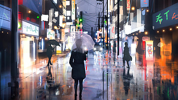 Street Raining Umbrella Girl , umbrella, alone, rain, artist, artwork, digital-art HD wallpaper