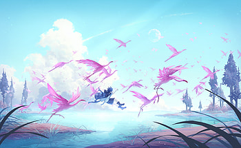 Birds, pink, anime boy, jump, outdoor HD wallpaper