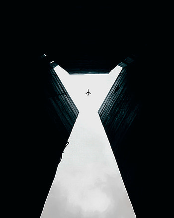 Sky, Walls, Building, Dark, Minimalism, Symmetry, Plane, Airplane, Bottom View, High, Opening, Aperture HD phone wallpaper