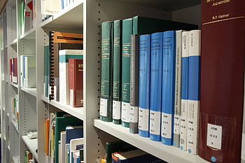 Neatly arranged bookshelves in a contemporary library setting for study and research. HD wallpaper