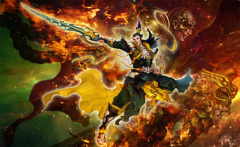 Sword and Sorcery, magic, sword, fantasy, sky, flame, oriental, warrior HD wallpaper