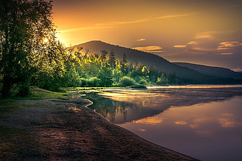 Landscape at Dawn near the Lake, landscape, trees, sky, nature, mountains, forest, lake HD wallpaper