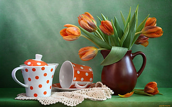 Tulip Still Life, still life, orange, dots, tulips, cup HD wallpaper