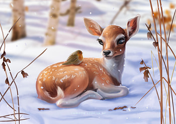 Fawn, art, fantasy, bird, deer, pasari, caprioara, winter, charlotte lebreton, iarna HD wallpaper