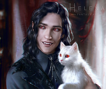 Vampire with white cat, white, frumusete, smile, man, helena cnockaert, eyes, cat, vampire, fantasy, pisici, red, face, luminos, fantast HD wallpaper