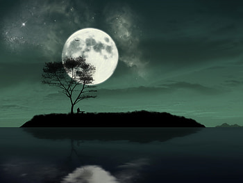 Island, Art, Night, Moon, Silhouette, Loneliness HD wallpaper