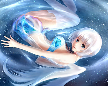 Water Angel, blue, wings, girl, bikini, angel, anime girl, swimsuit, anime, fantasy, wing, flower, white hair, short hair, water, female HD wallpaper