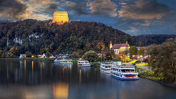 The Danube River, Bavaria, sky, houses, ship, germany, clouds, building HD wallpaper