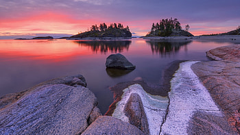 Sunset in late autumn, frosty, islands, lake, colors, trees, sky HD wallpaper