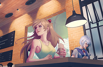 Asuka Langley Sohryu Rei Ayanami Cafe , anime-girl, anime, artist, artwork, digital-art HD wallpaper