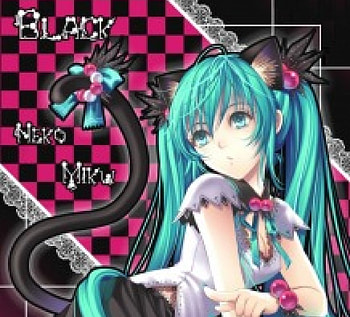 Black Neko Miku, nekomimi, cute, vocaloid, twin tails, long hair, miku, vocaloids, twintails, female, sexy, neko mimi, hatsune miku, ribbon, hot, girl, tail, anime girl, neko, anime, ears, green hair, green eyes HD wallpaper