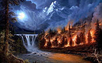 Nature, Trees, Mountains, Fire, Night, Moon, Lightning, Waterfalls, Forest HD wallpaper
