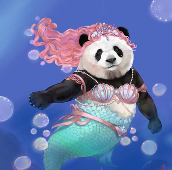 Panda mermaid, blue, mermaid, art, w l7, wl7art, summer, wl7, pink, bear, fantasy, water, siren, panda, vara HD wallpaper