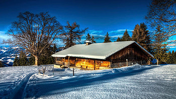 Winter Barn, shadows, trees, landscape, snow, sky HD wallpaper