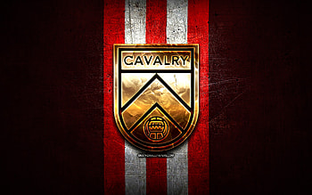 Cavalry FC, golden logo, Canadian Premier League, red metal background, football, canadian football club, Cavalry FC logo, soccer, FC Cavalry HD wallpaper